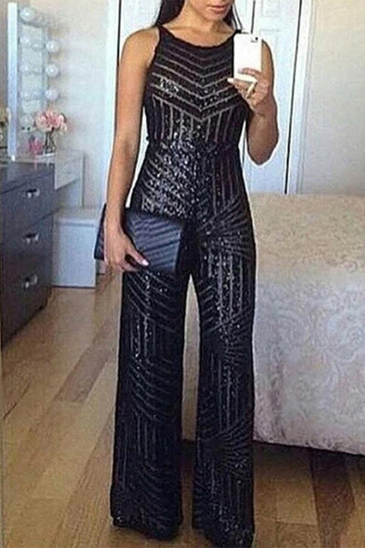 Monos elegantes de cuello redondo con lentejuelas sólidas y regulares
