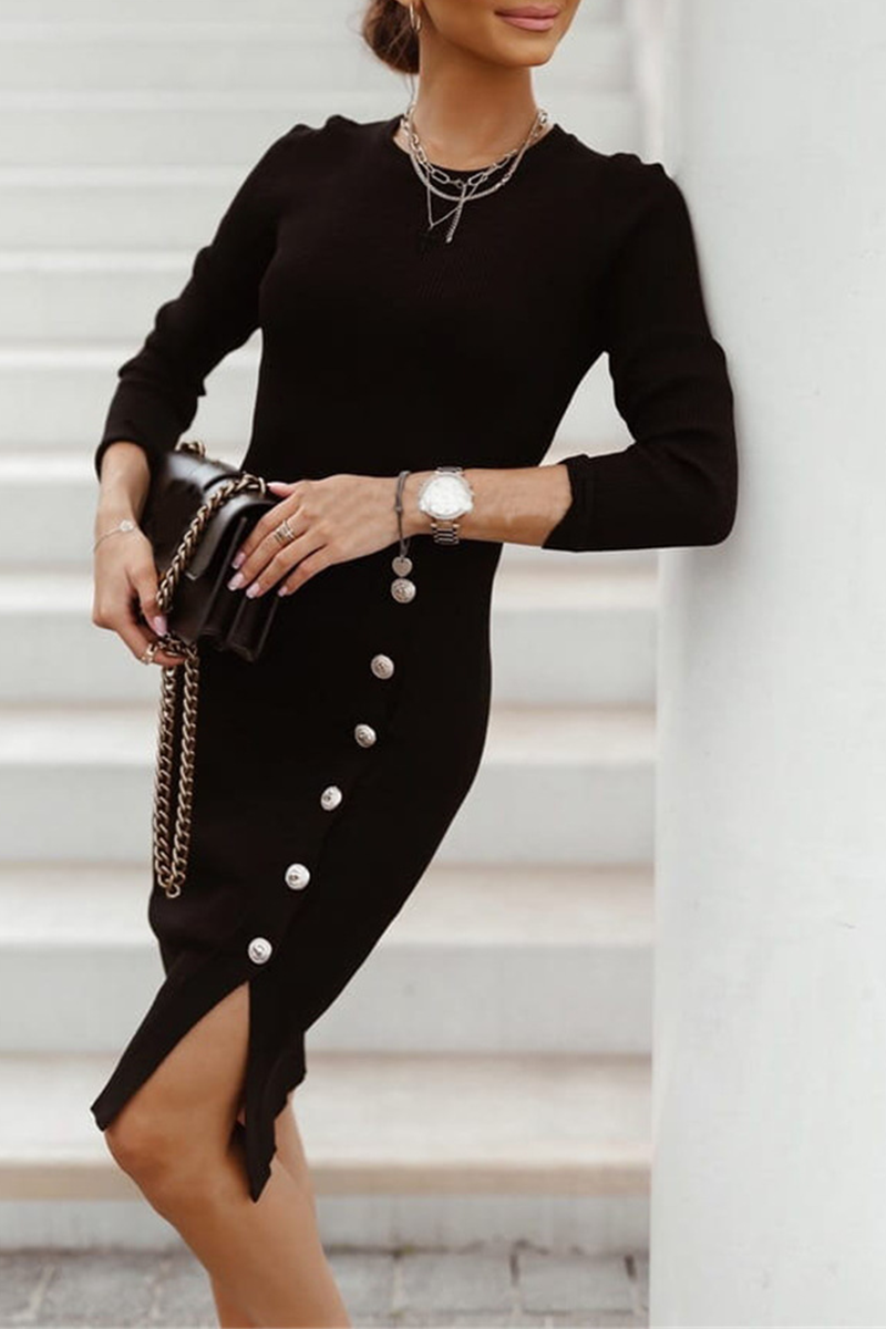 Vestidos de falda tubo con cuello redondo y hebilla sólida de calle (4 colores)