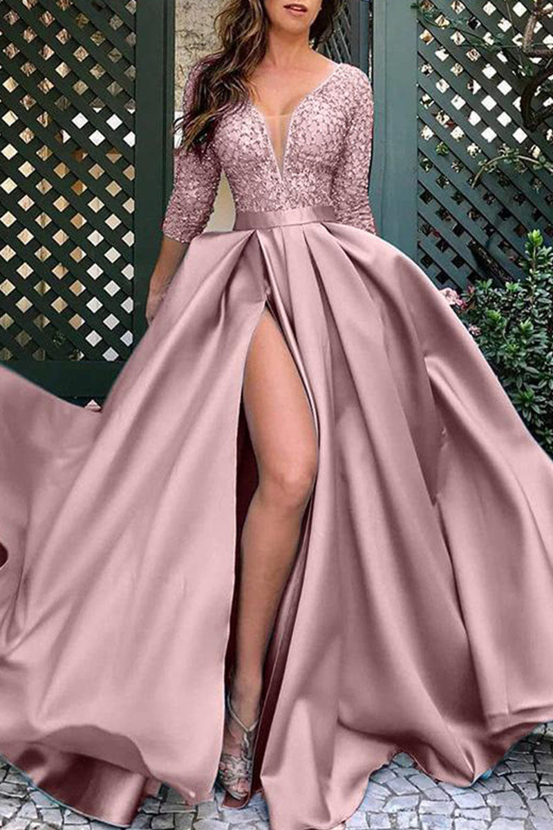 Elegante vestido de noche con cuello en V y lentejuelas lisas (6 colores)