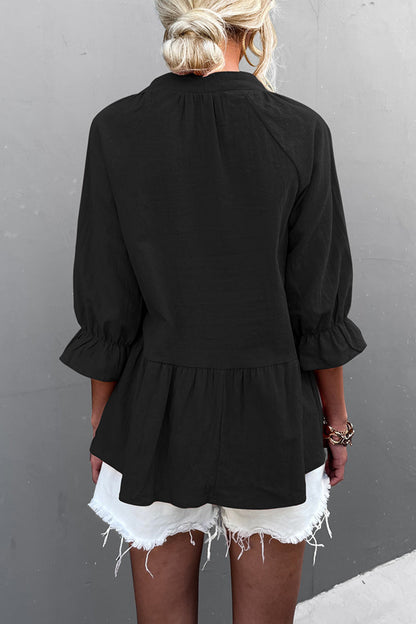 Blusa informal de manga larga con cuello en V, volantes y pliegues (5 colores)