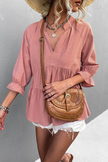 Blusa informal de cuello en V con volantes lisos (5 colores)