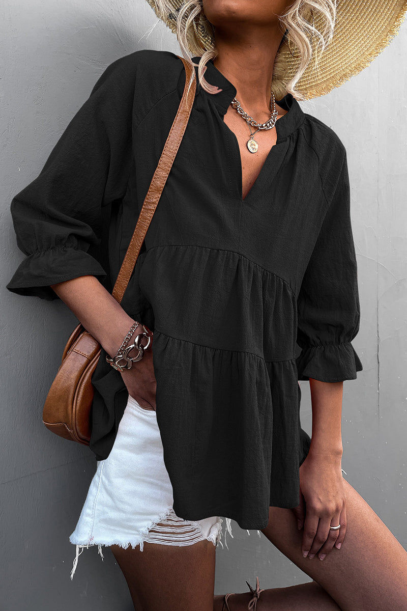 Blusa informal de cuello en V con volantes lisos (5 colores)