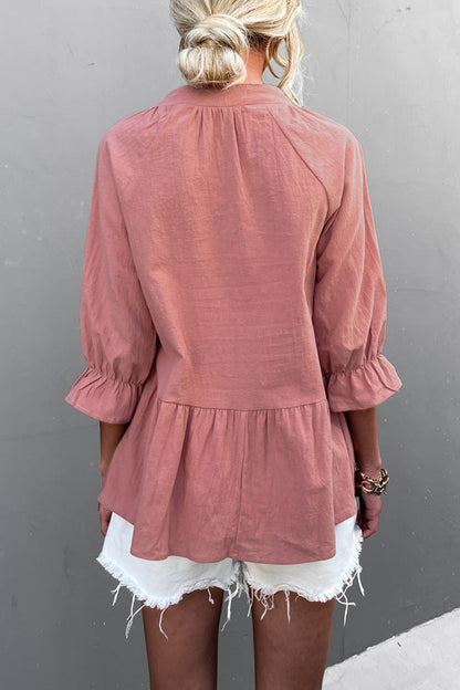 Blusa informal de manga larga con cuello en V, volantes y pliegues (5 colores)