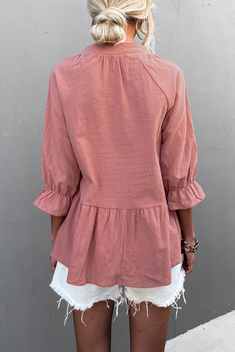 Blusa informal de cuello en V con volantes lisos (5 colores)