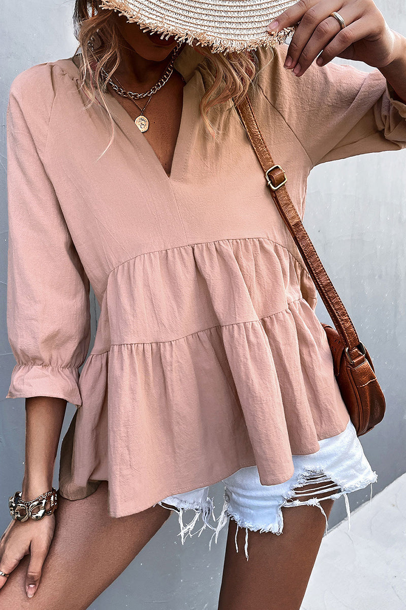 Blusa informal de manga larga con cuello en V, volantes y pliegues (5 colores)