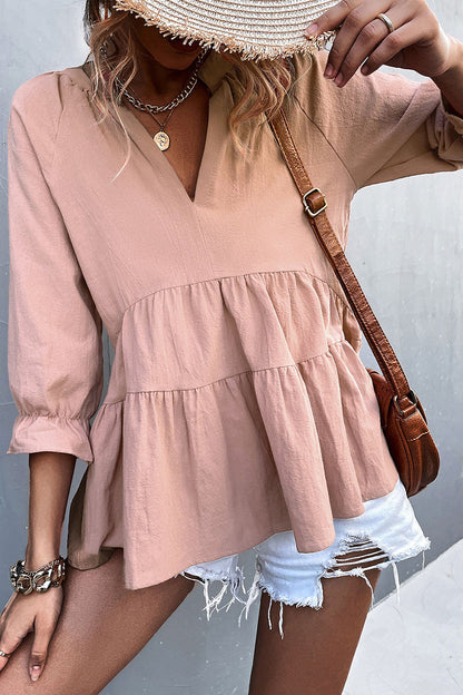 Blusa informal de cuello en V con volantes lisos (5 colores)