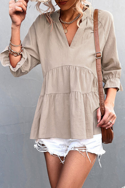 Blusa informal de cuello en V con volantes lisos (5 colores)