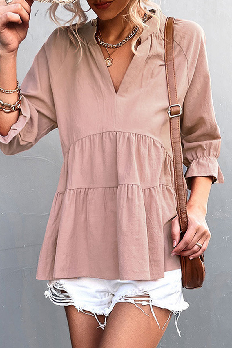Blusa informal de cuello en V con volantes lisos (5 colores)