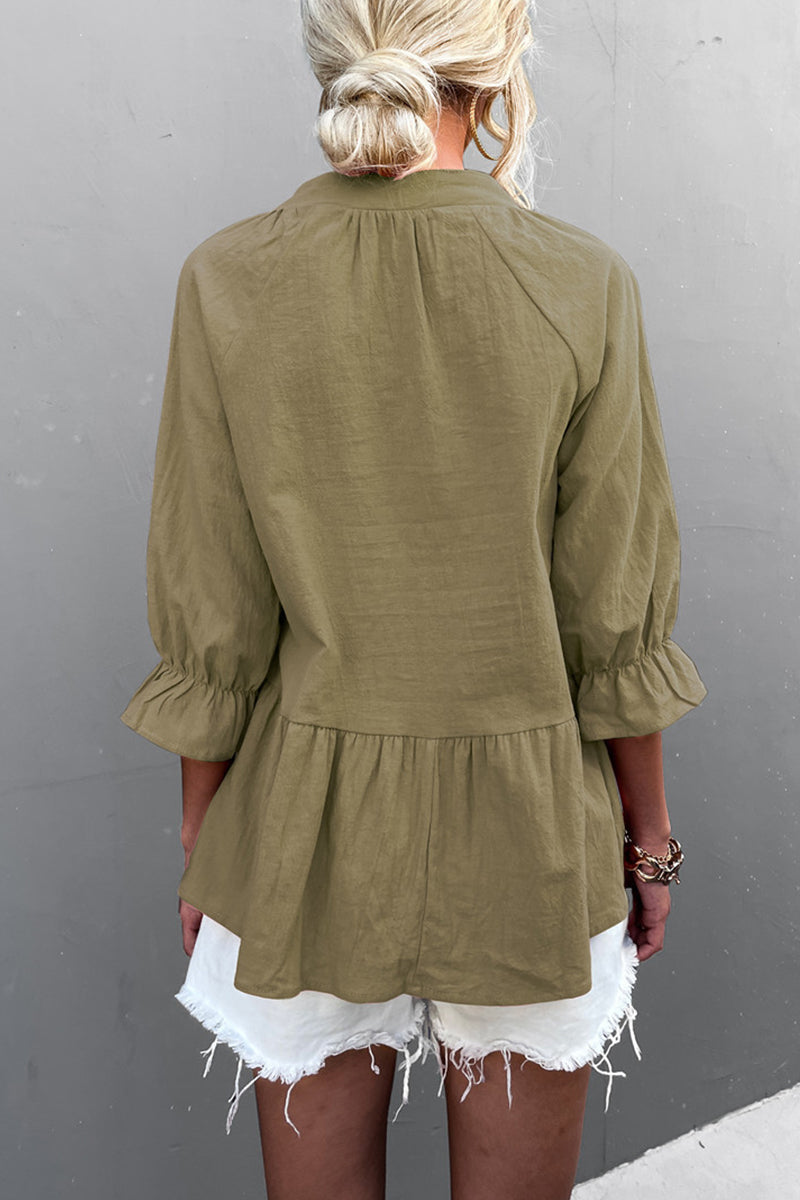 Blusa informal de manga larga con cuello en V, volantes y pliegues (5 colores)