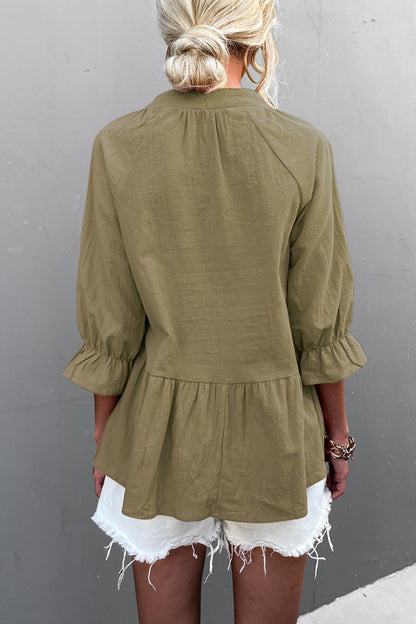 Blusa informal de manga larga con cuello en V, volantes y pliegues (5 colores)
