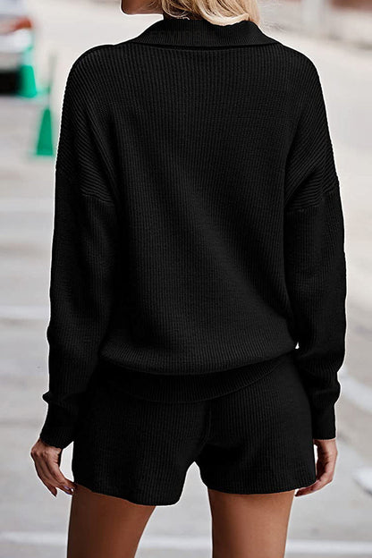 Conjunto informal de dos piezas con cuello vuelto, manga larga y frenillo liso (4 colores)