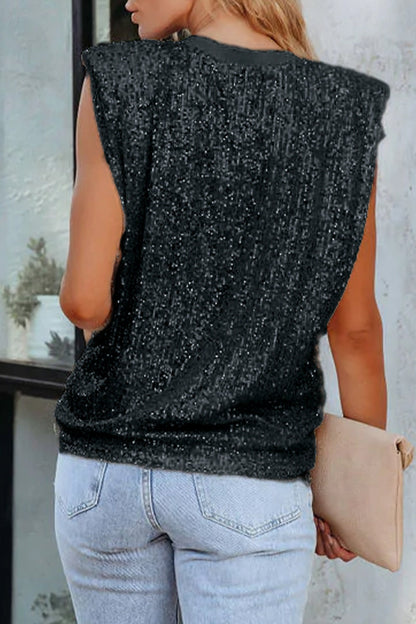 Tops sin mangas con cuello redondo y lentejuelas sólidas