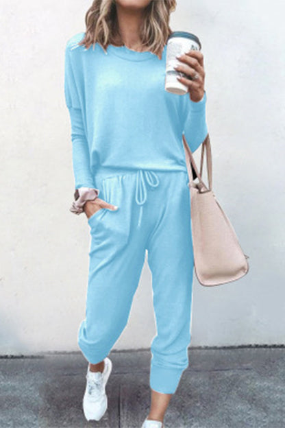 Conjunto informal de dos piezas, liso, asimétrico, cuello redondo, manga larga (16 colores)