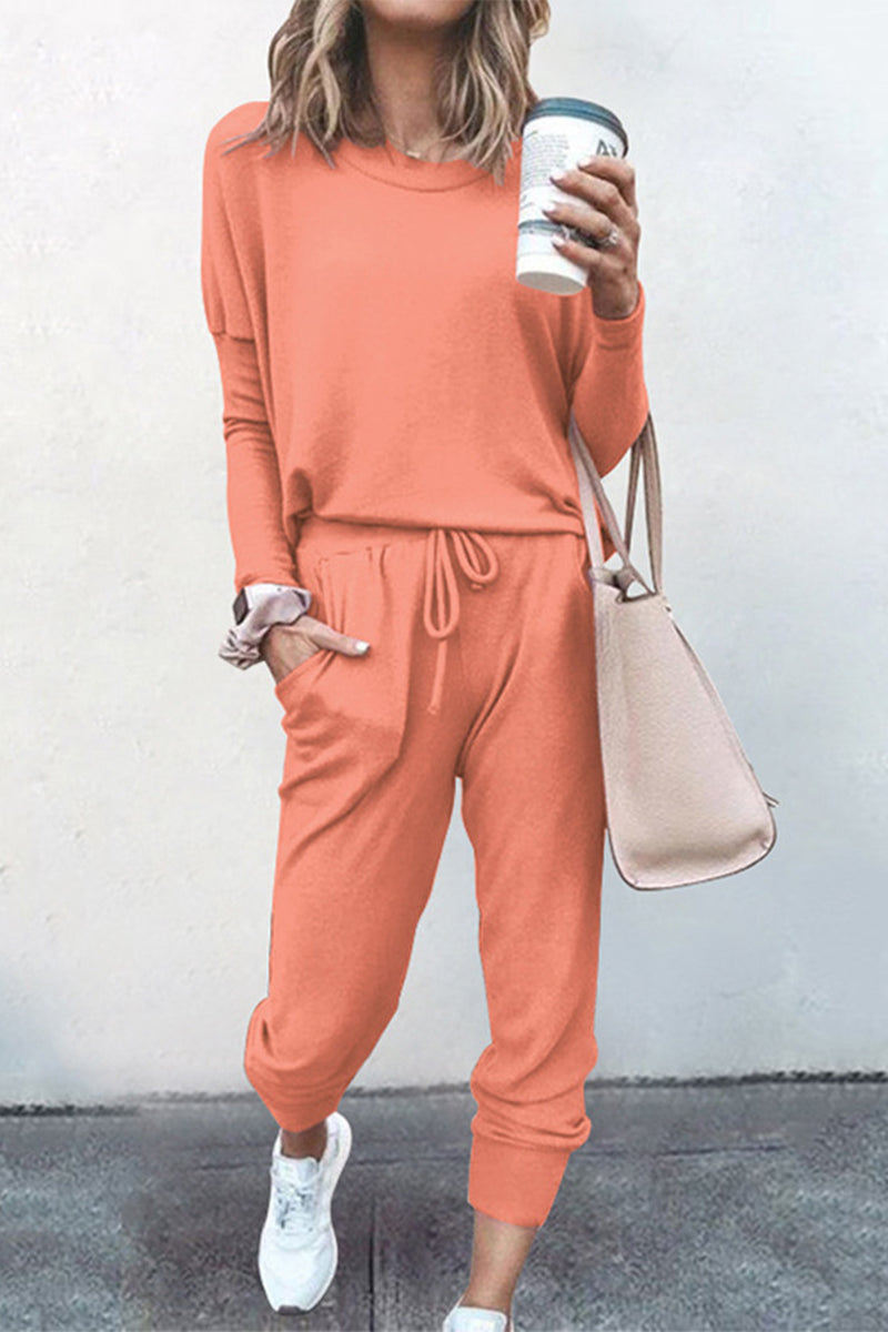 Conjunto informal de dos piezas, liso, asimétrico, cuello redondo, manga larga (16 colores)