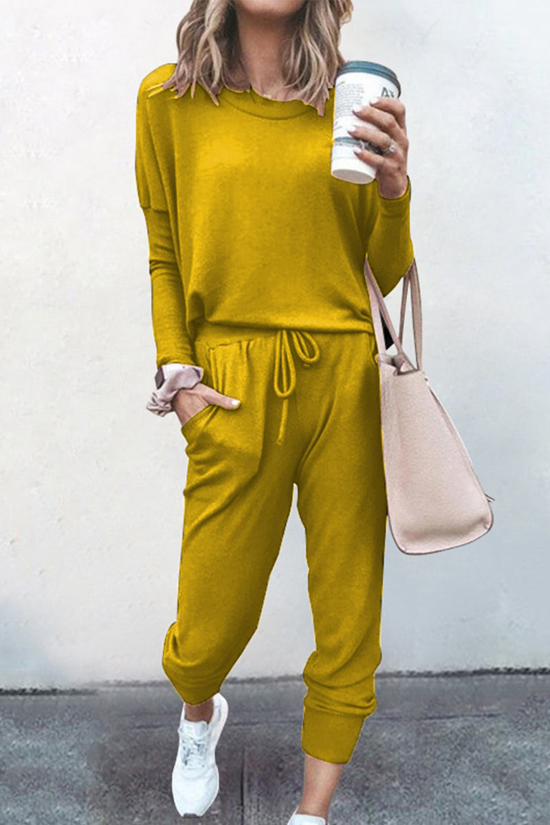 Conjunto informal de dos piezas, liso, asimétrico, cuello redondo, manga larga (16 colores)