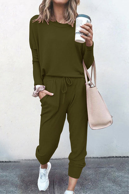 Conjunto casual de dos piezas, color sólido, asimétrico, cuello redondo, manga larga