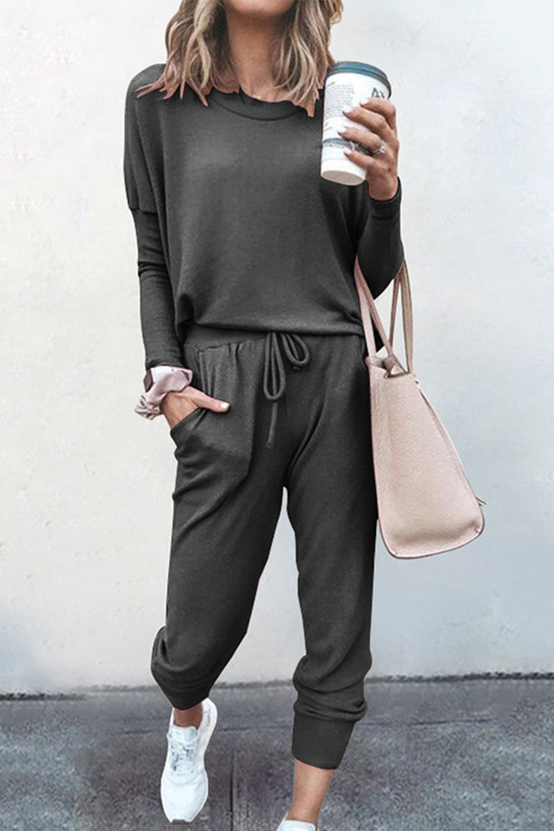 Conjunto informal de dos piezas, liso, asimétrico, cuello redondo, manga larga (16 colores)