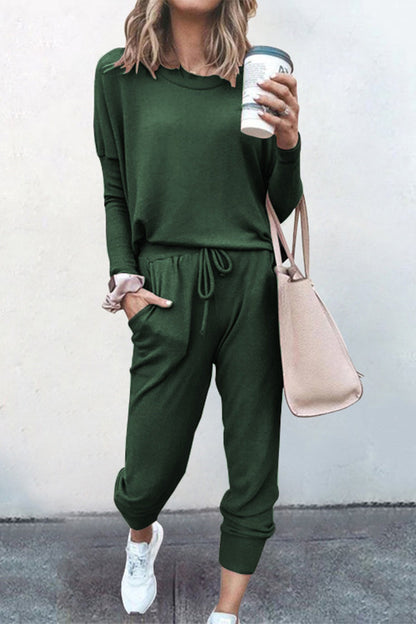 Conjunto informal de dos piezas, liso, asimétrico, cuello redondo, manga larga (16 colores)
