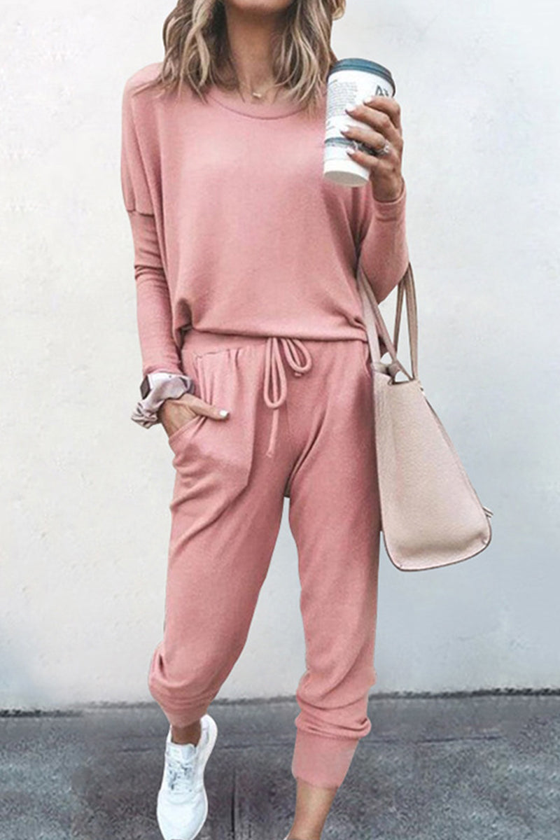 Conjunto informal de dos piezas, liso, asimétrico, cuello redondo, manga larga (16 colores)