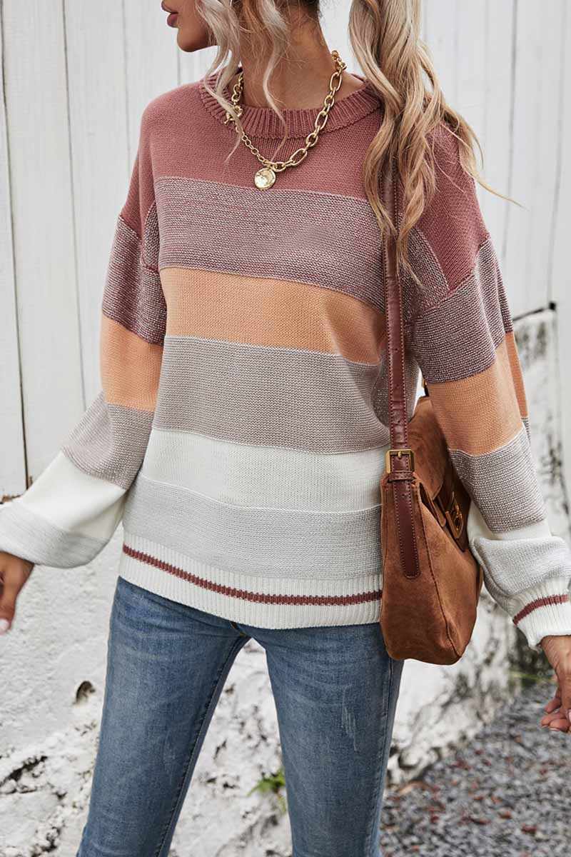 Suéteres casuales de rayas de moda con cuello redondo