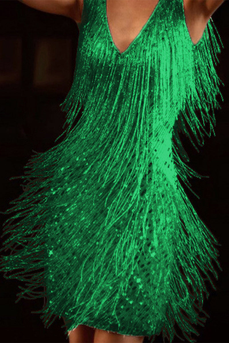 Vestido de noche elegante con cuello en V y borlas lisas de retazos (4 colores)