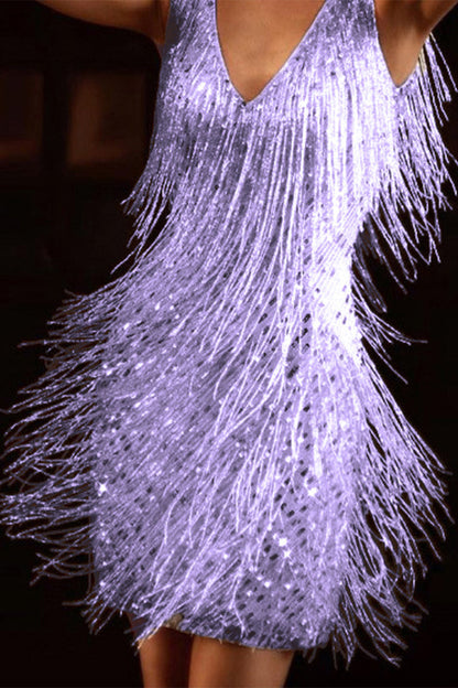 Vestido de noche elegante con cuello en V y borlas lisas de retazos (4 colores)