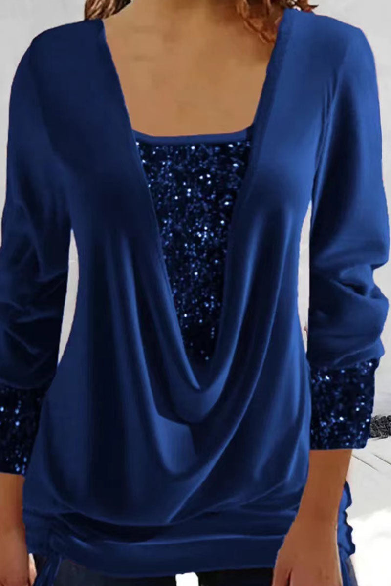 Blusa informal con cuello asimétrico y lentejuelas lisas (8 colores)