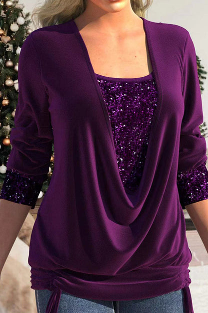 Blusa informal con cuello asimétrico y lentejuelas lisas (8 colores)