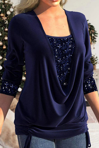 Blusa informal con cuello asimétrico y lentejuelas lisas (8 colores)