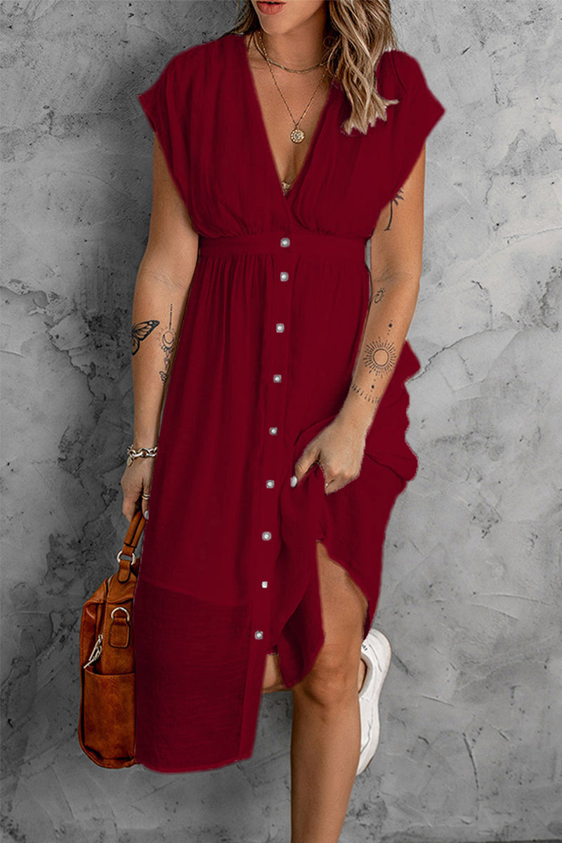 Vestidos sexis informales con cuello en V, hebillas sólidas y falda farol (7 colores)