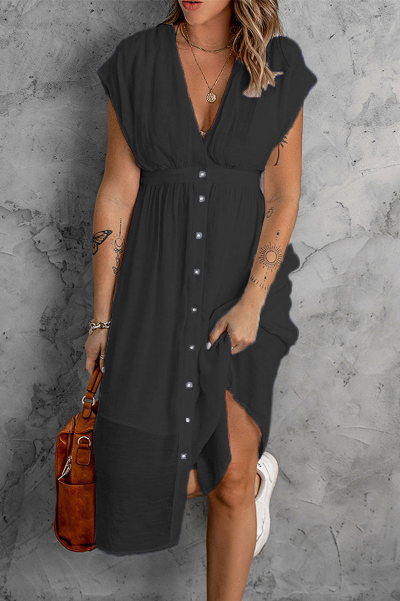 Vestidos sexis informales con cuello en V, hebillas sólidas y falda farol (7 colores)