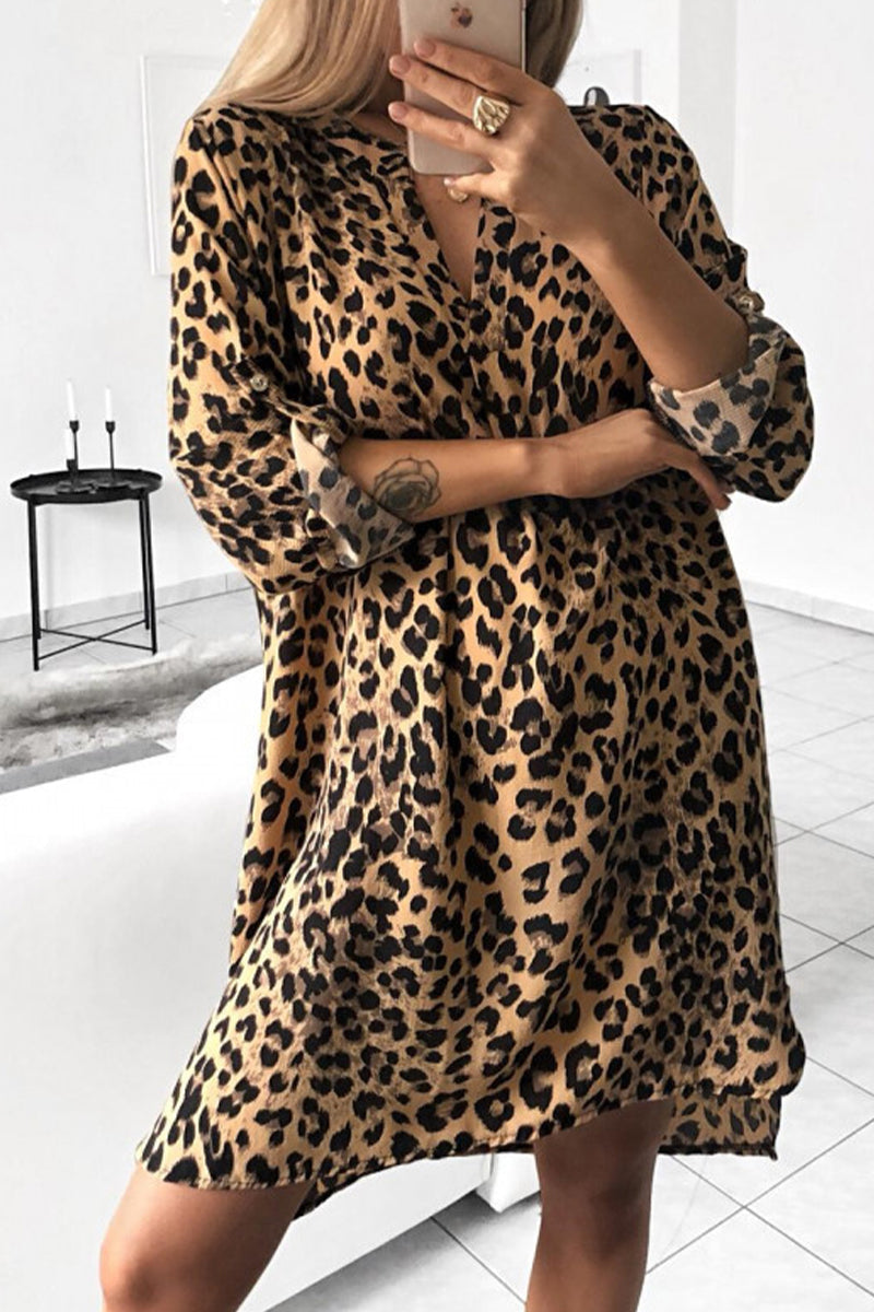 Elegante vestido irregular con cuello en V y estampado animal sin cinturón (6 colores)