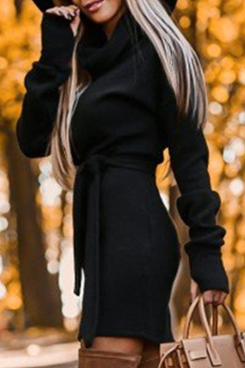 Vestidos casuales de falda de un solo paso con cuello alto y frenillo liso (4 colores)