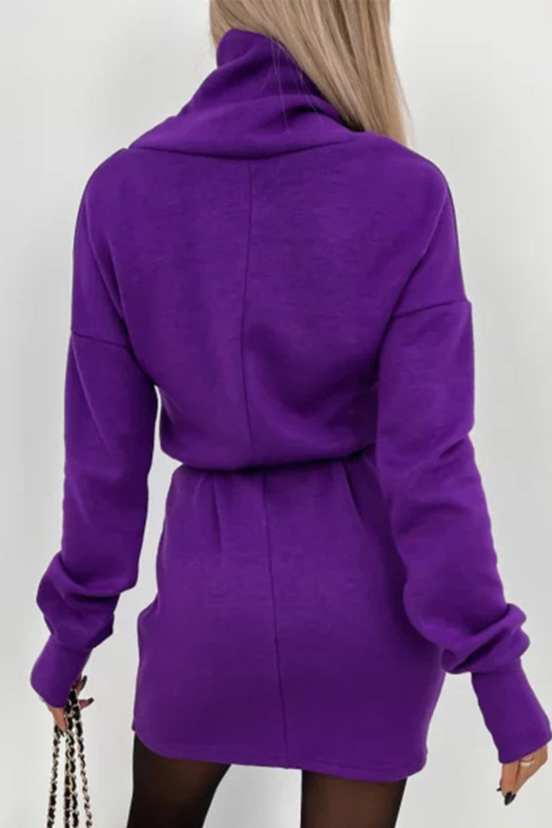 Vestidos casuales de falda de un solo paso con cuello alto y frenillo liso (4 colores)