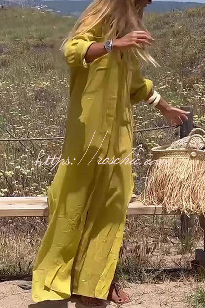 Happy Holidays Linen Blend Button Up Pocket Slit Shirt Maxi Dress