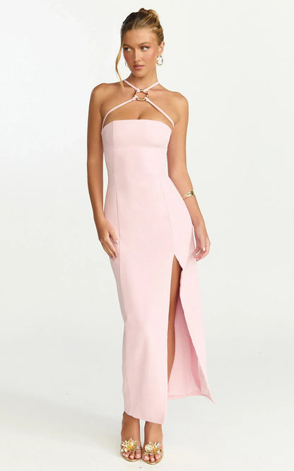 Mae Midi Dress - Resin O Ring Fitted Dress in Pink