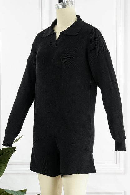 Conjunto informal de dos piezas con cuello vuelto, manga larga y frenillo liso (4 colores)