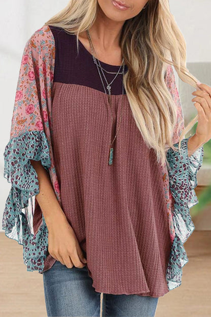 Casual Print Contrast O Neck Tops(8 Colors)