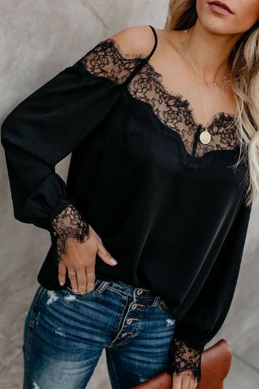 Tops sexys de encaje sólido con cuello en V y patchwork