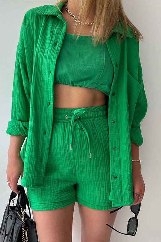 Conjunto informal sencillo de dos piezas con cuello vuelto, manga larga y pliegues lisos (6 colores)