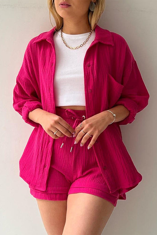 Conjunto informal sencillo de dos piezas con cuello vuelto, manga larga y pliegues lisos (6 colores)