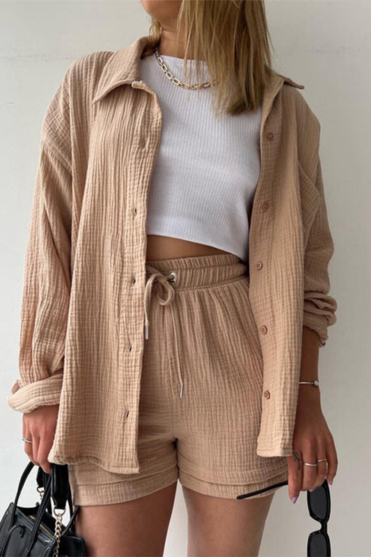 Conjunto informal sencillo de dos piezas con cuello vuelto, manga larga y pliegues lisos (6 colores)