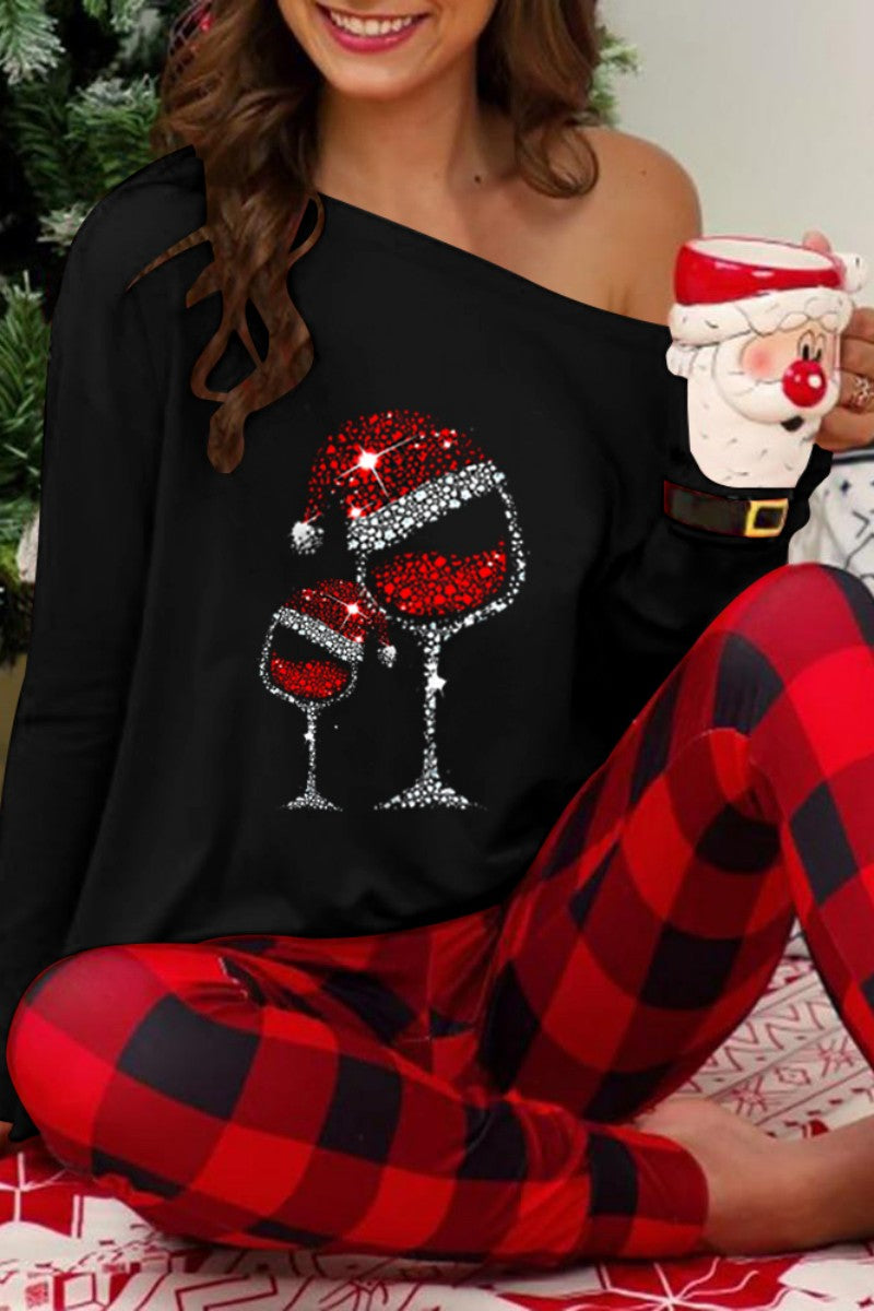 Conjunto informal de dos piezas con estampado de cuadros y cuello oblicuo, manga larga