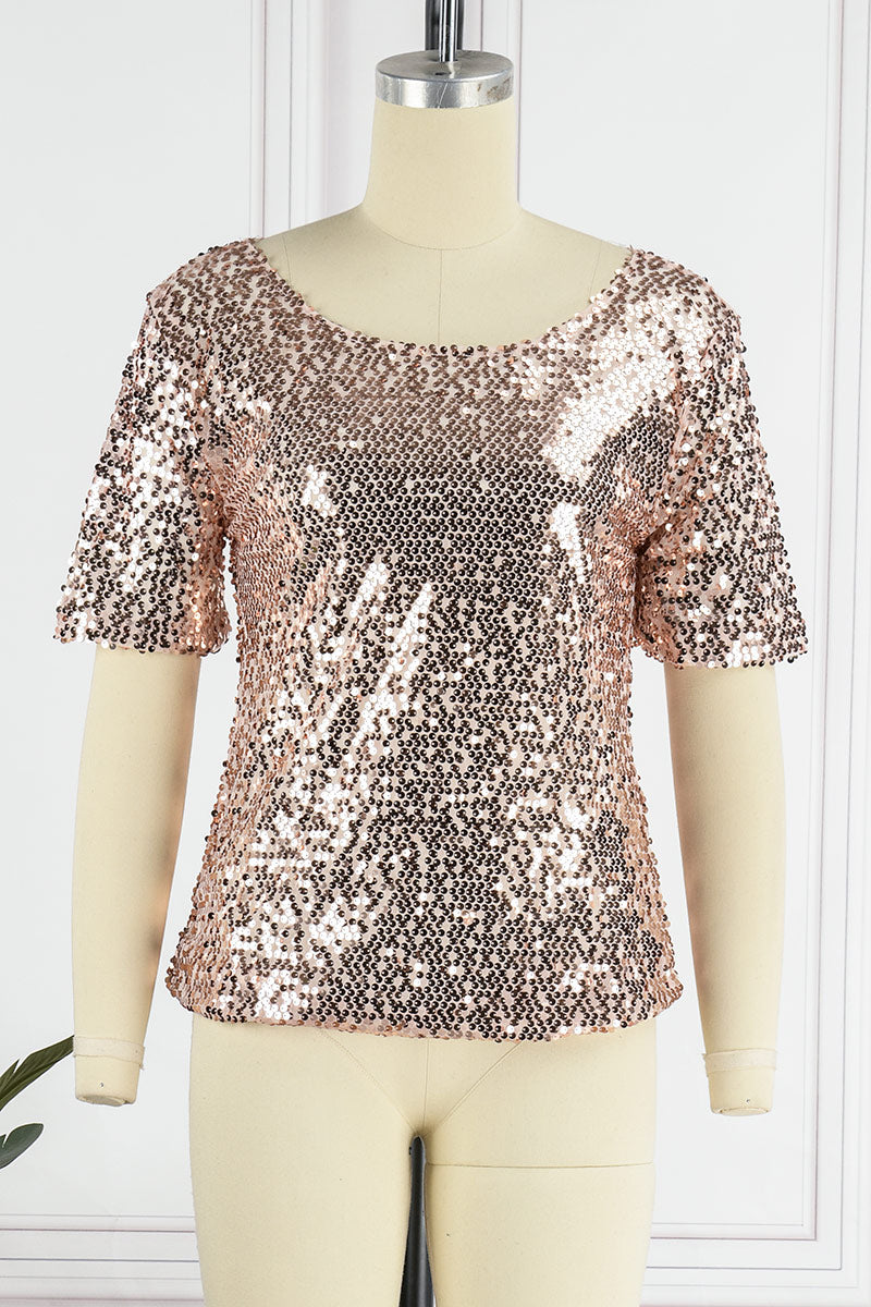 Camisetas casuales de calle con lentejuelas lisas y cuello redondo