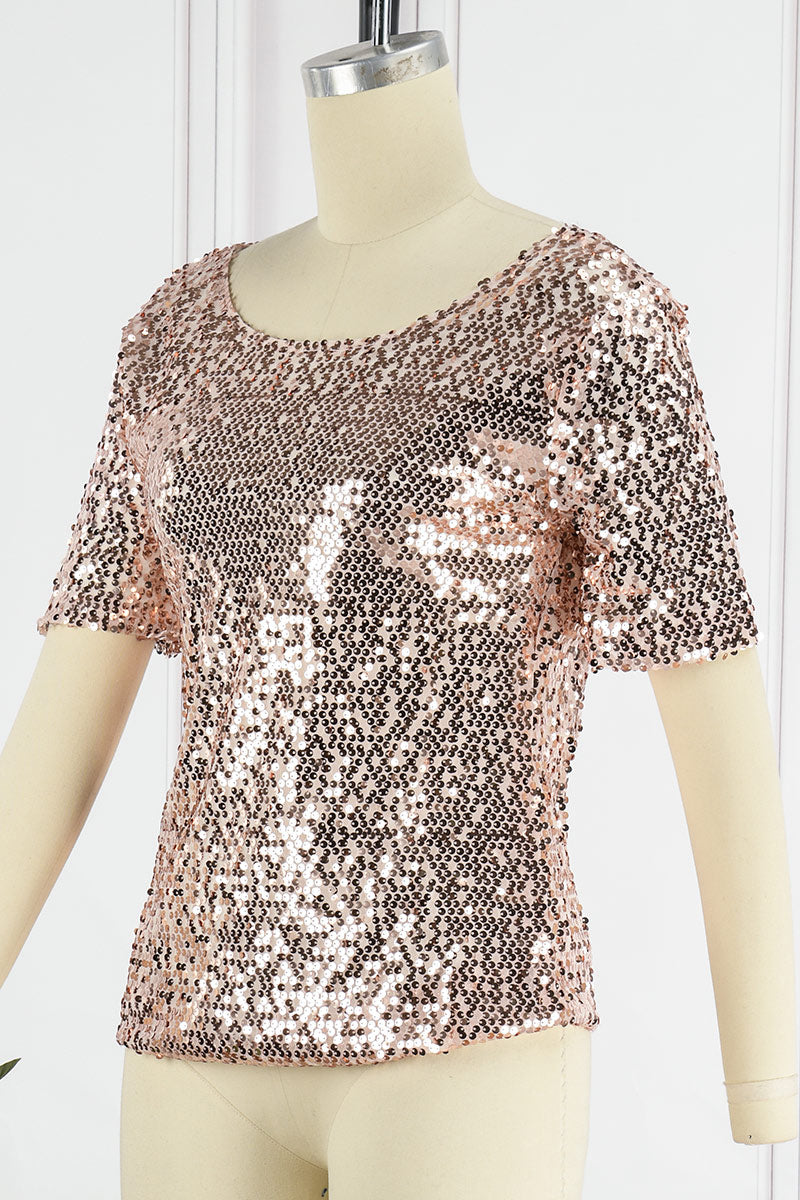Camisetas casuales de calle con lentejuelas lisas y cuello redondo