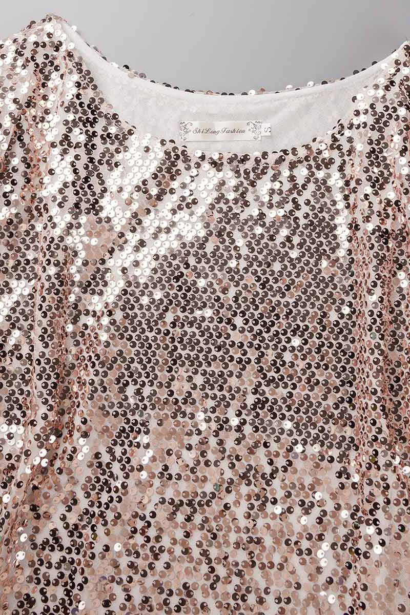 Camisetas casuales de calle con lentejuelas lisas y cuello redondo
