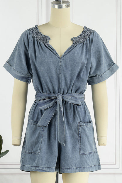 Street Solid Make Old V Neck Short Sleeve High Waist Loose Denim Jumpsuits