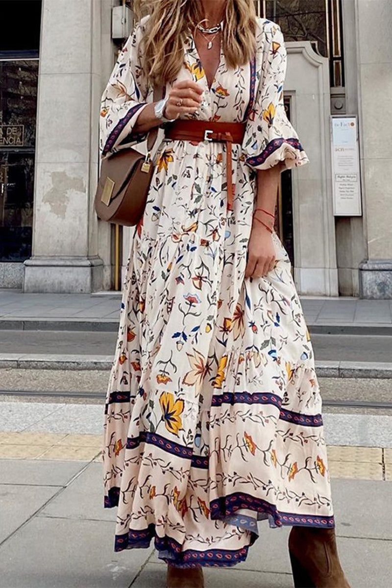 Vestido estampado elegante con cuello en V y estampado