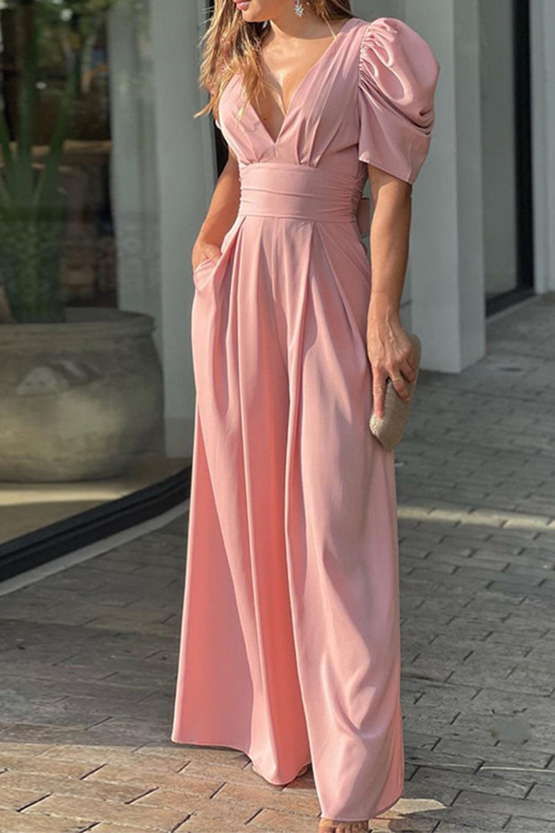 Mono elegante de color sólido con escote en V y espalda descubierta