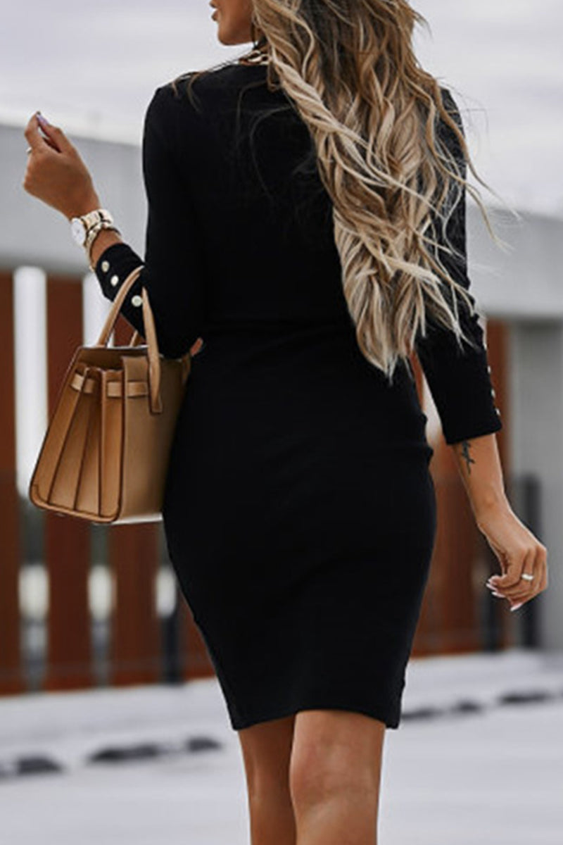 Elegante vestido de falda tubo con escote en V y hebilla sólida
